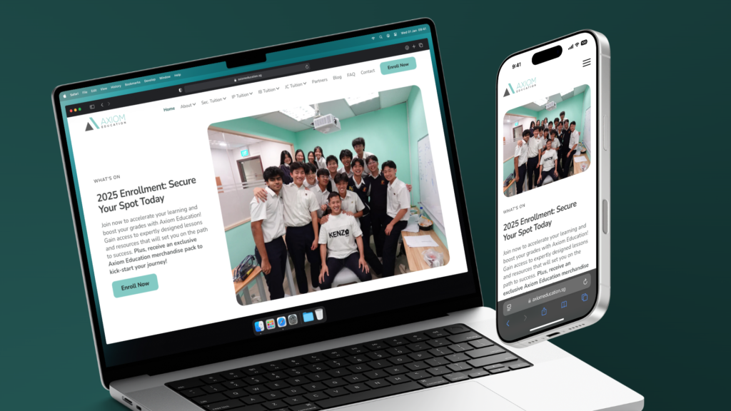 Mockup of the Axiom Education website on a Apple MacBook Pro and iPhone on a green gradient background.